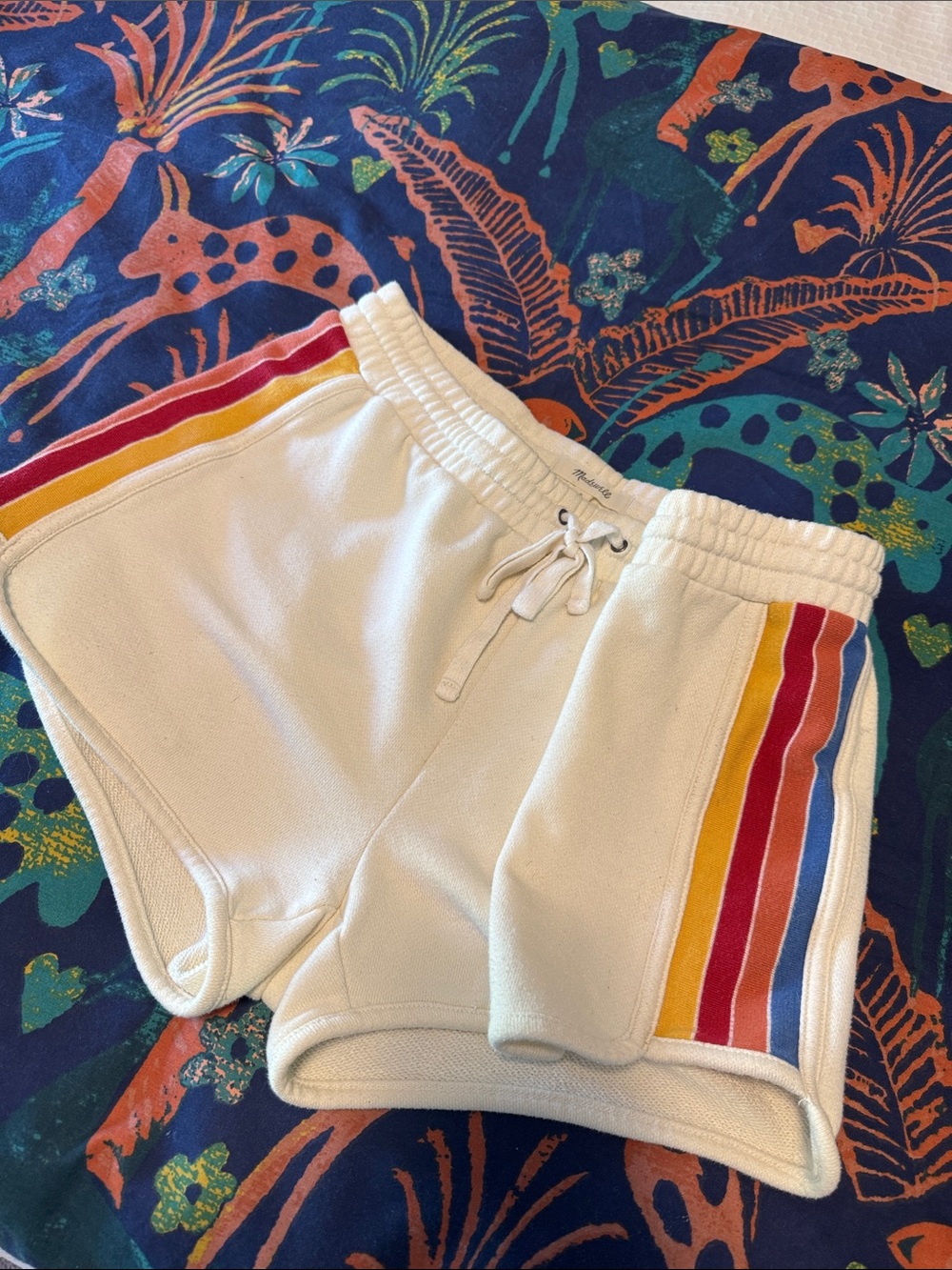 Madewell Ivory Athletic Shorts with Red, Yellow & Blue Side Stripes SMALL